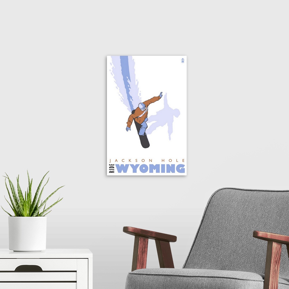 A modern room featuring Snowboard Stylized - Jackson Hole, Wyoming: Retro Travel Poster
