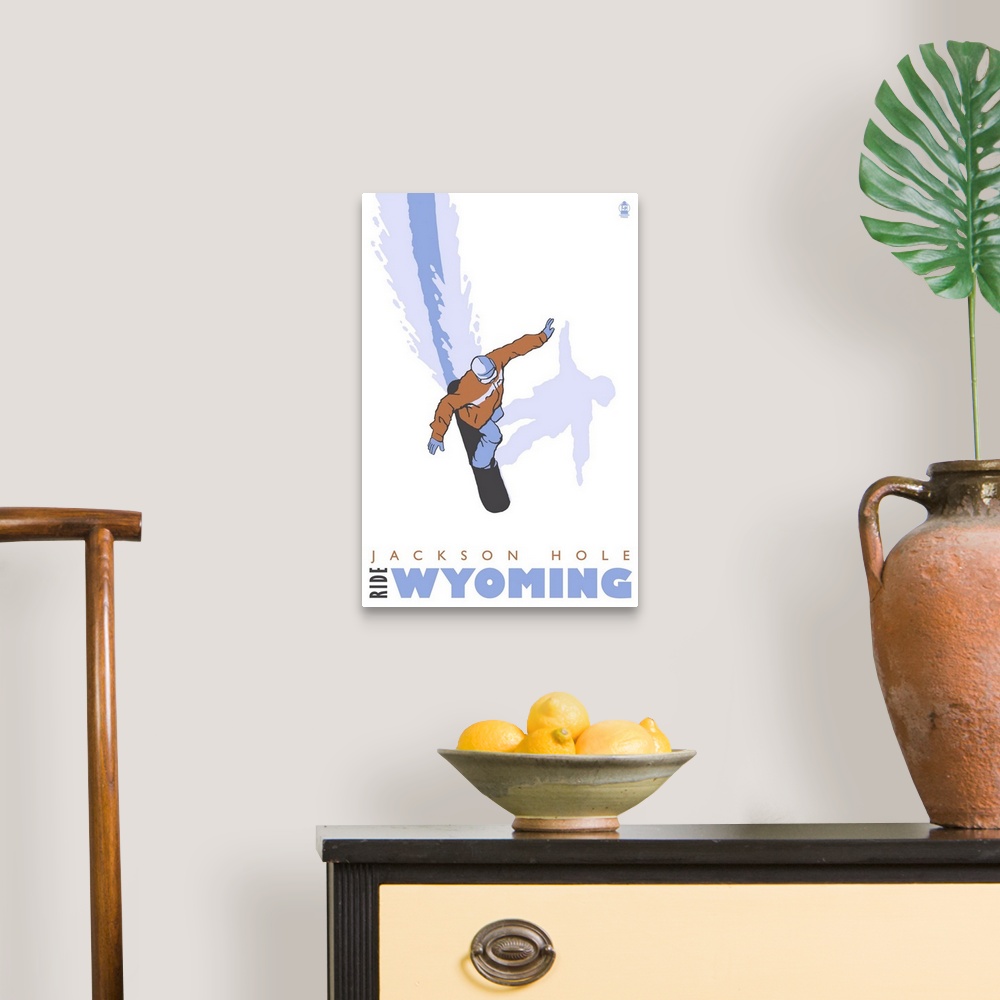 A traditional room featuring Snowboard Stylized - Jackson Hole, Wyoming: Retro Travel Poster