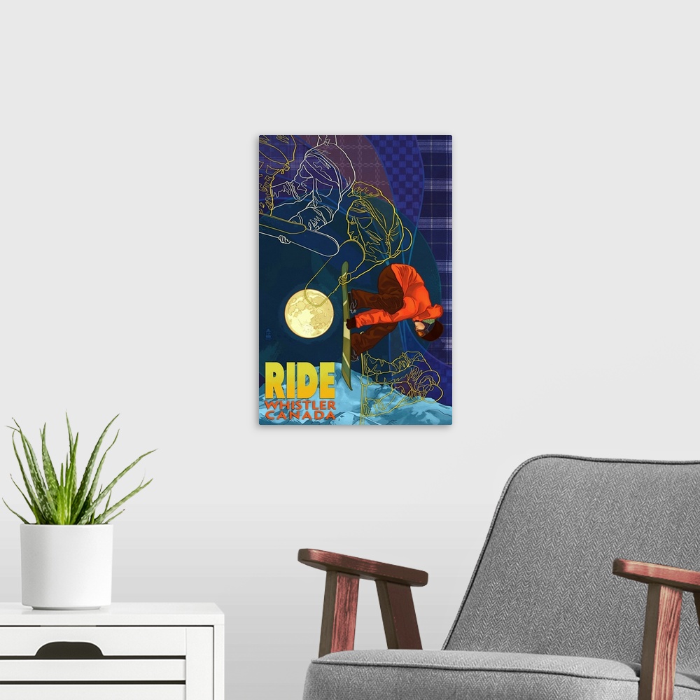 A modern room featuring Snowboard Time Lapse - Whistler, Canada: Retro Travel Poster