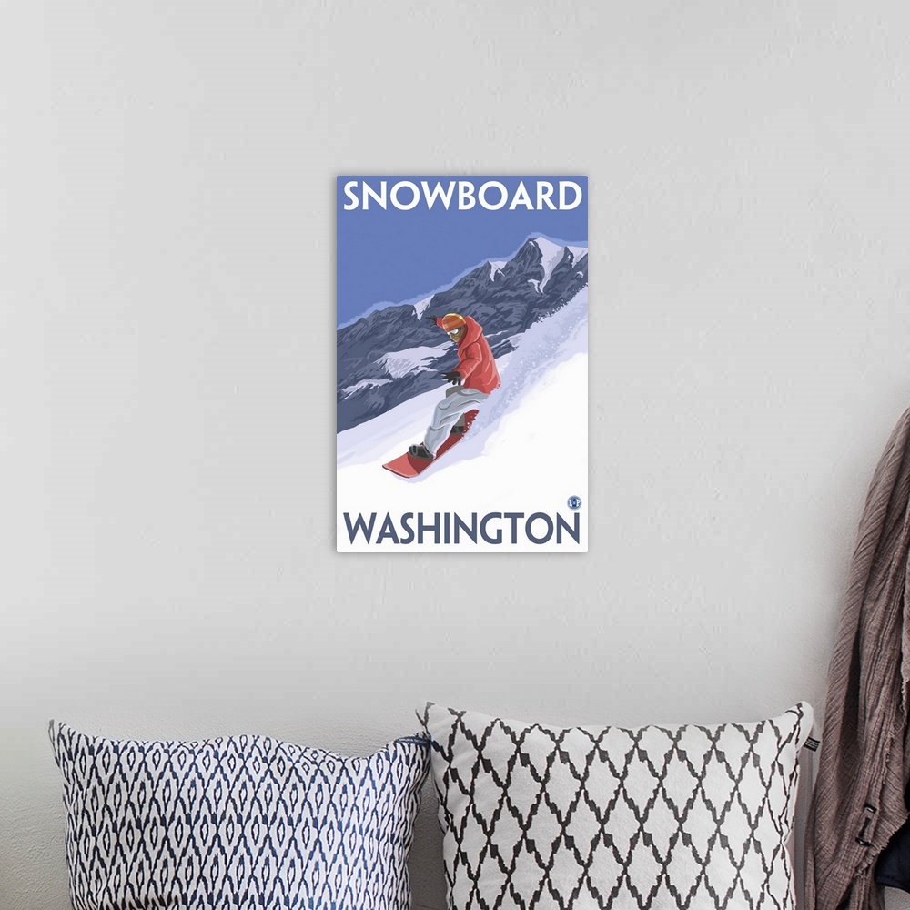 A bohemian room featuring Snowboard Washington: Retro Travel Poster