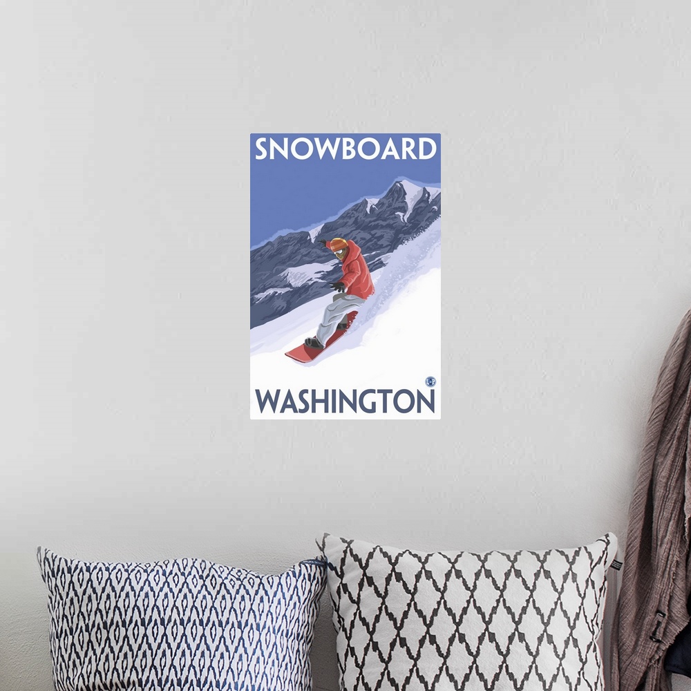 A bohemian room featuring Snowboard Washington: Retro Travel Poster
