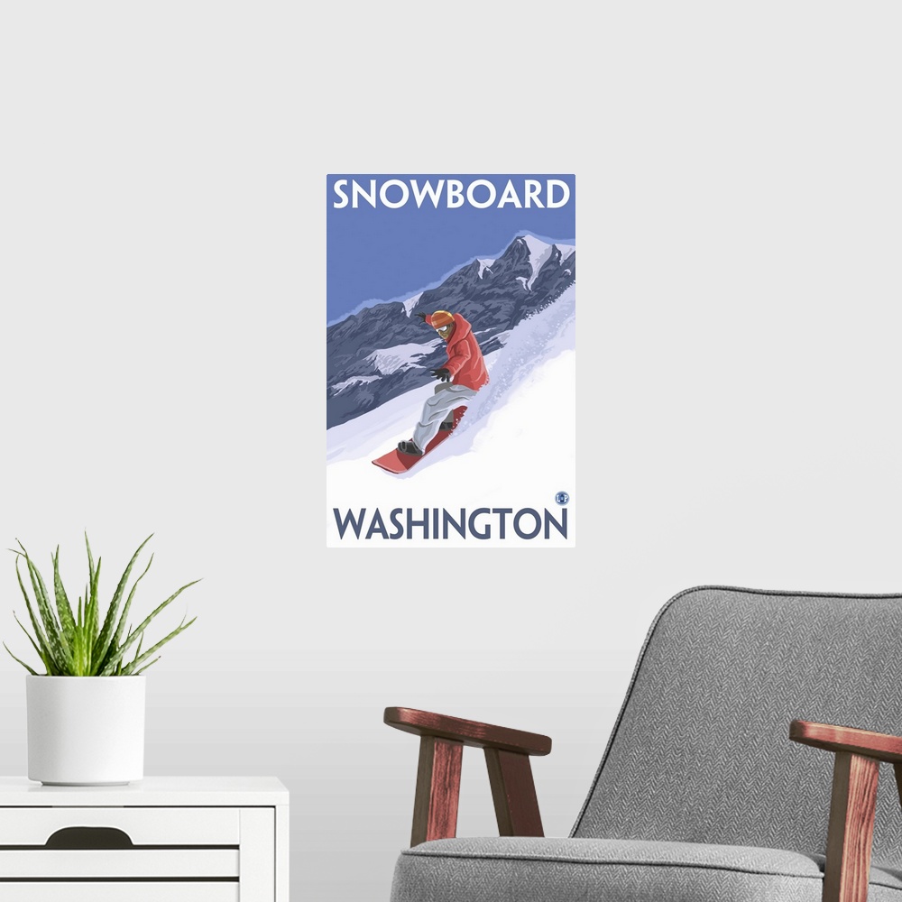 A modern room featuring Snowboard Washington: Retro Travel Poster