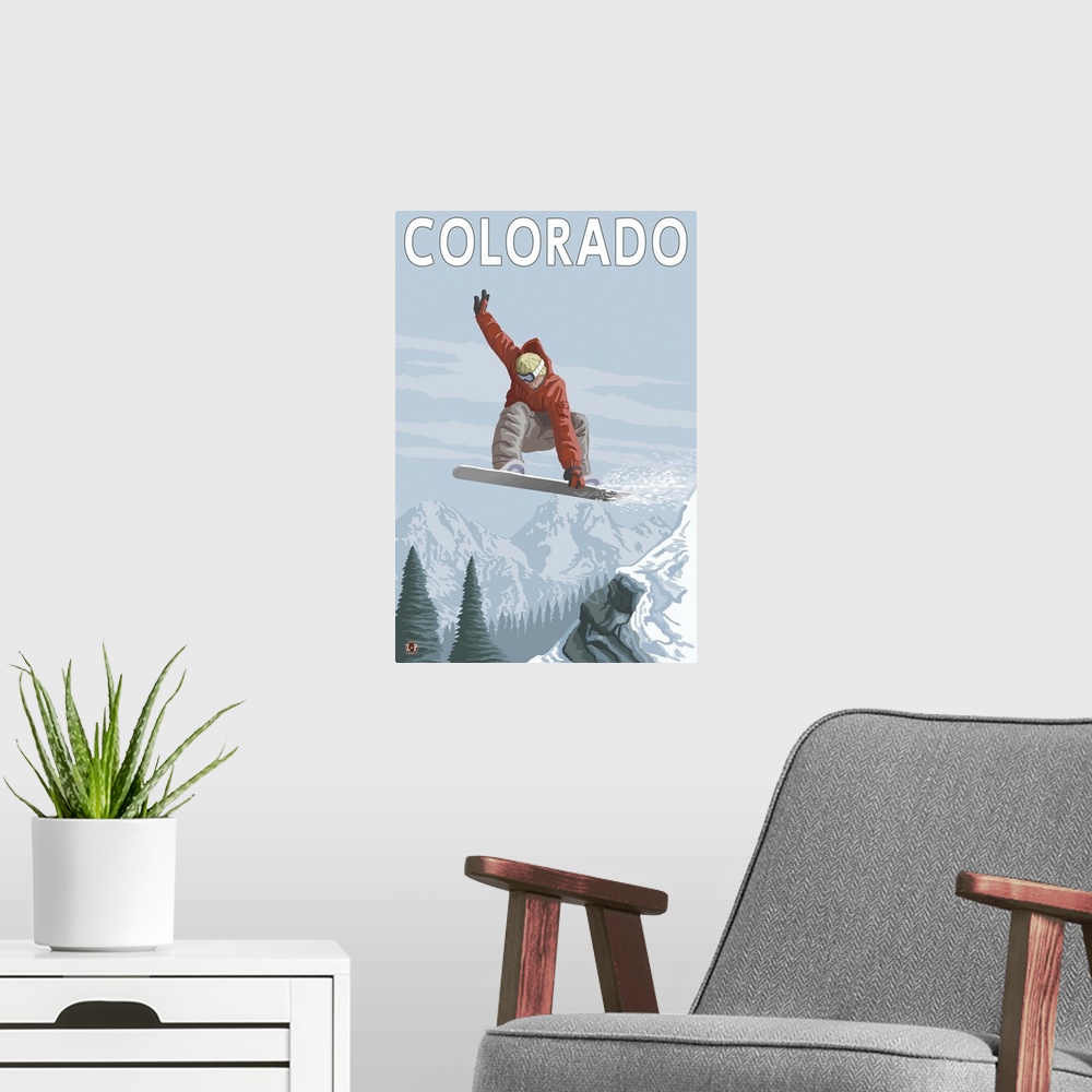 A modern room featuring Snowboarder Jumping - Colorado: Retro Travel Poster