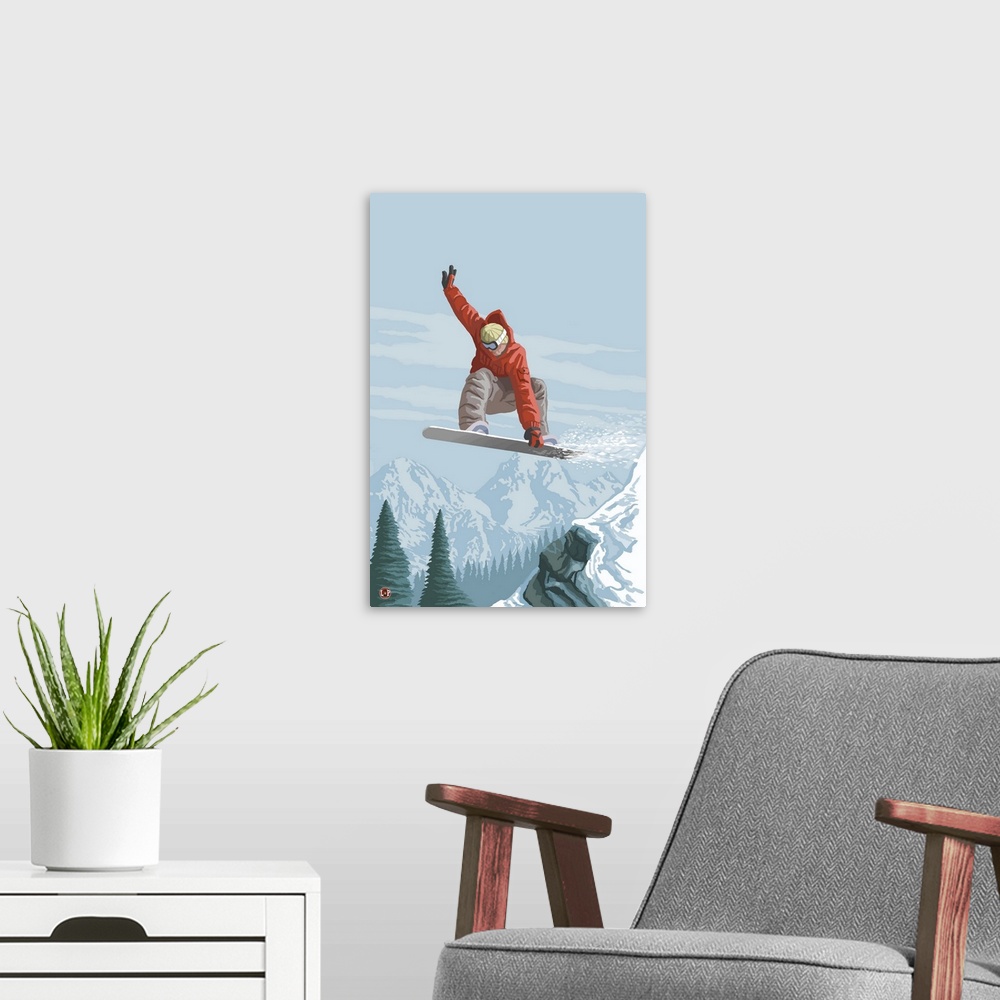 A modern room featuring Retro stylized art poster of a snowboarder jumping into the air. With a mountain range in the bac...