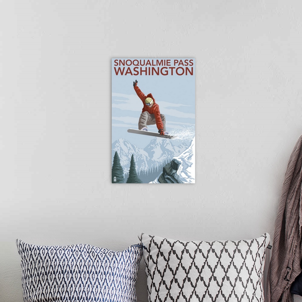 A bohemian room featuring Snowboarder Jumping - Snoqualmie Pass, Washington: Retro Travel Poster