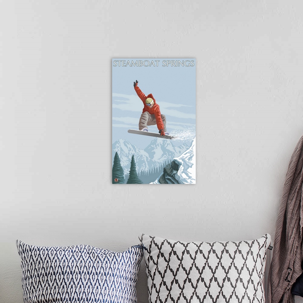 A bohemian room featuring Snowboarder Jumping - Steamboat Springs, Colorado: Retro Travel Poster