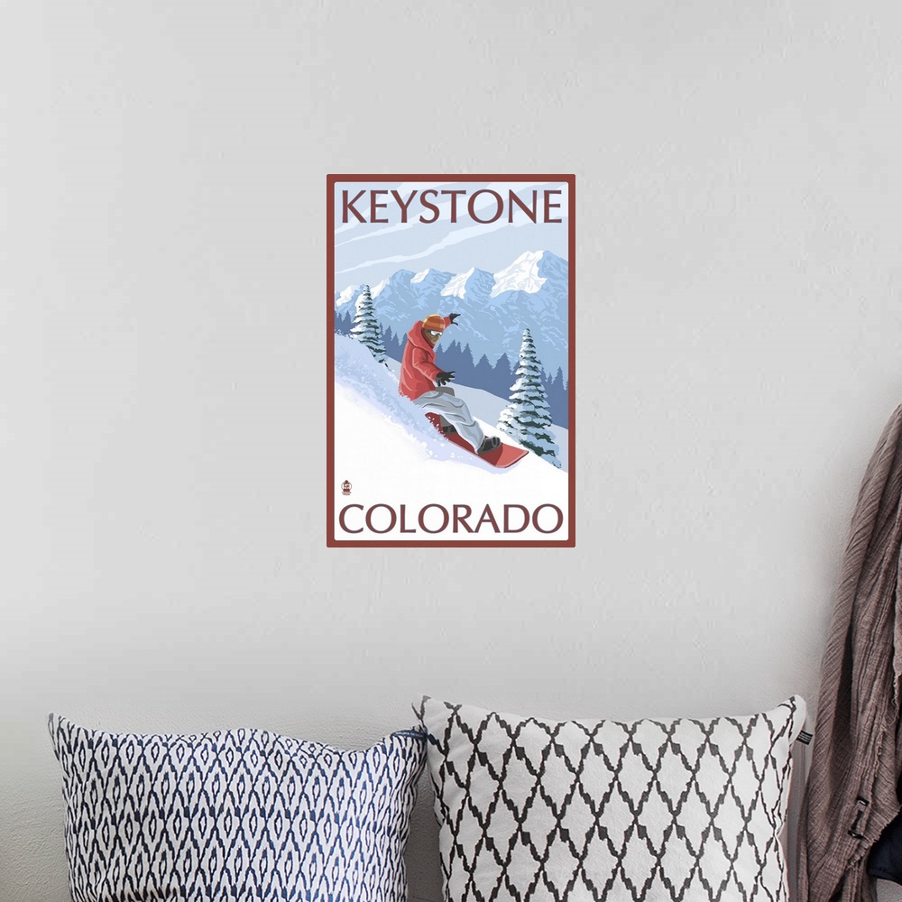 A bohemian room featuring Snowboarder - Keystone, Colorado: Retro Travel Poster