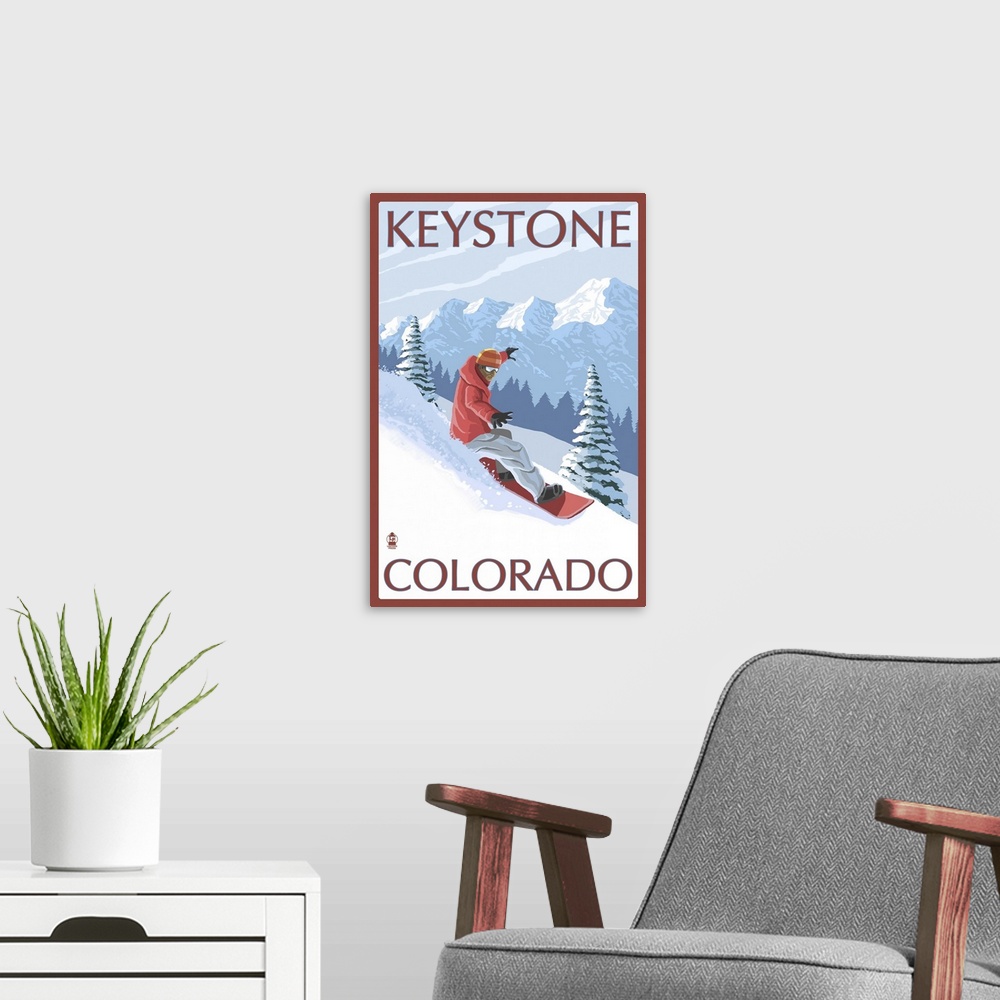 A modern room featuring Snowboarder - Keystone, Colorado: Retro Travel Poster