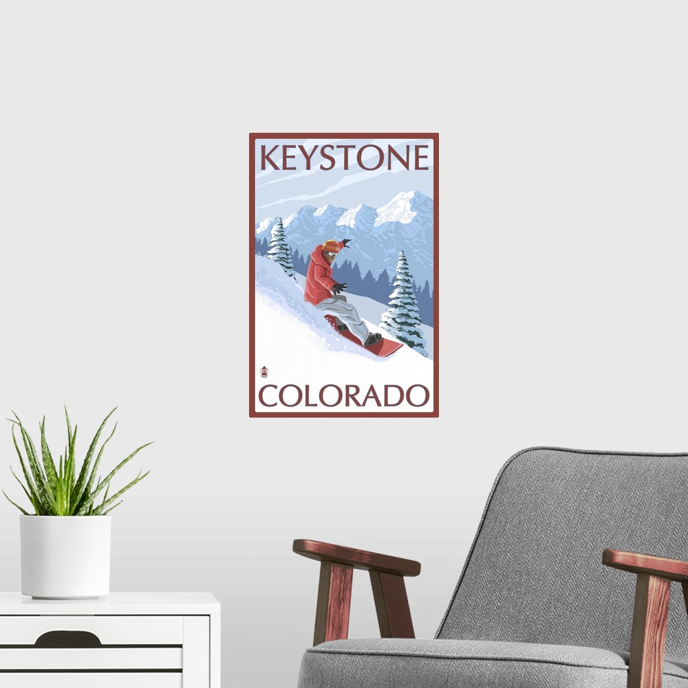 A modern room featuring Snowboarder - Keystone, Colorado: Retro Travel Poster