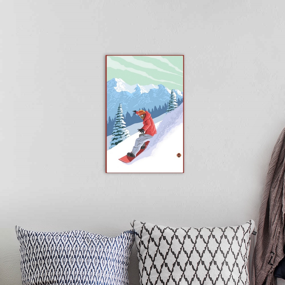 A bohemian room featuring Retro stylized art poster of a snowboarder, with a mountain range in the background.