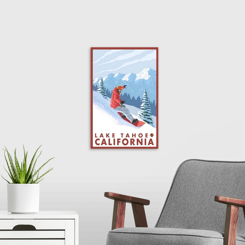 A modern room featuring Snowboarder Scene - Lake Tahoe, California: Retro Travel Poster