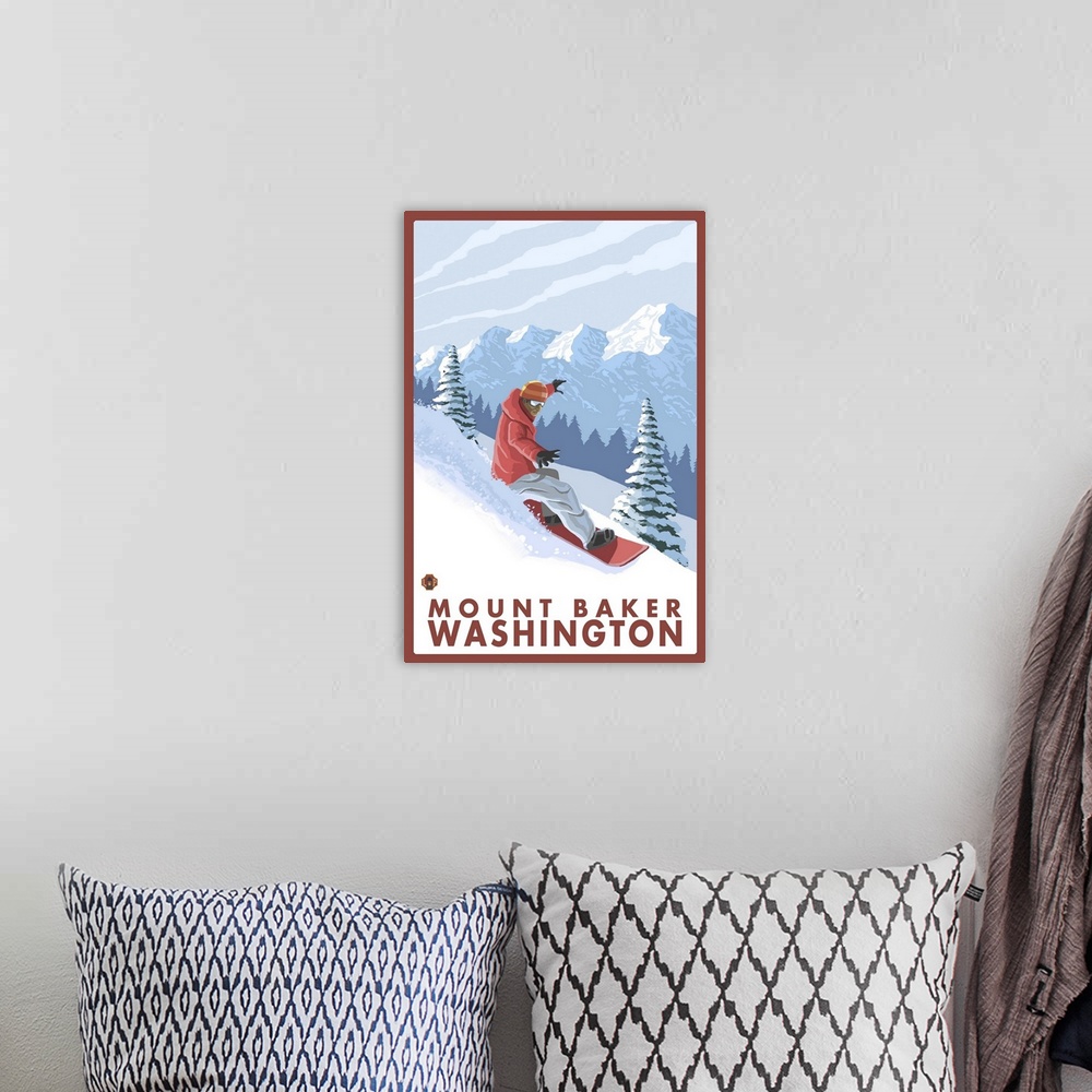 A bohemian room featuring Snowboarder Scene - Mount Baker, Washington: Retro Travel Poster