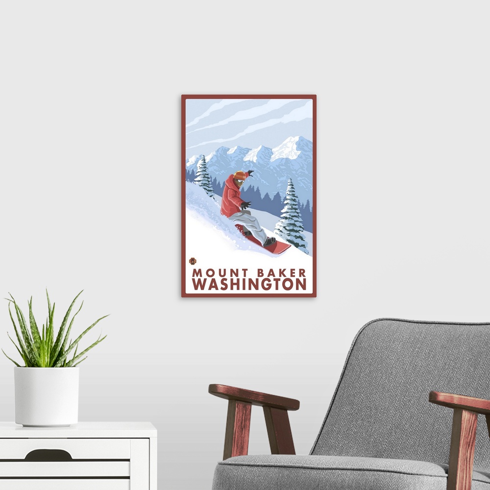 A modern room featuring Snowboarder Scene - Mount Baker, Washington: Retro Travel Poster
