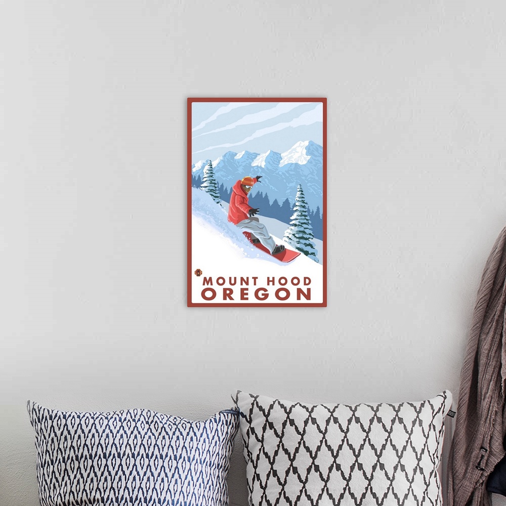 A bohemian room featuring Snowboarder Scene - Mount Hood, Oregon: Retro Travel Poster