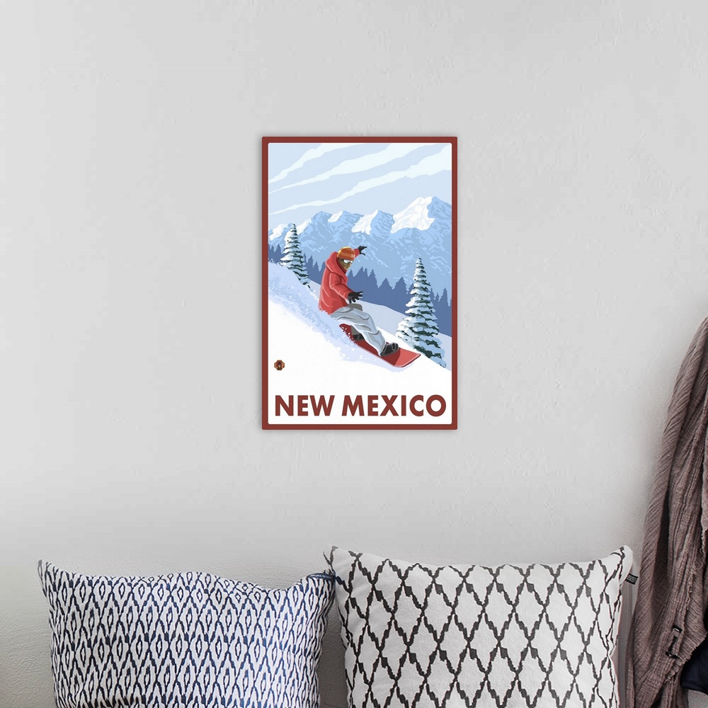 A bohemian room featuring Snowboarder Scene - New Mexico: Retro Travel Poster