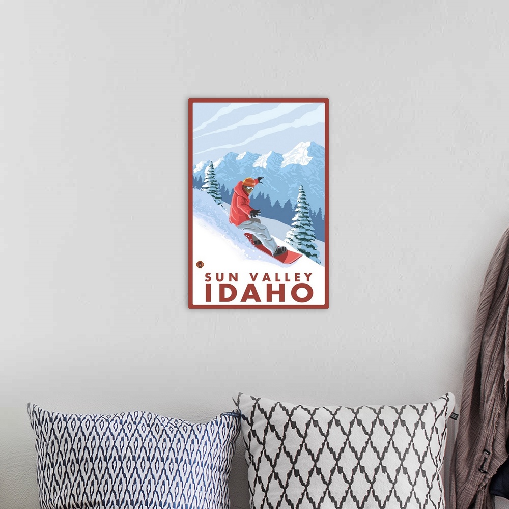 A bohemian room featuring Snowboarder Scene - Sun Valley, Idaho: Retro Travel Poster