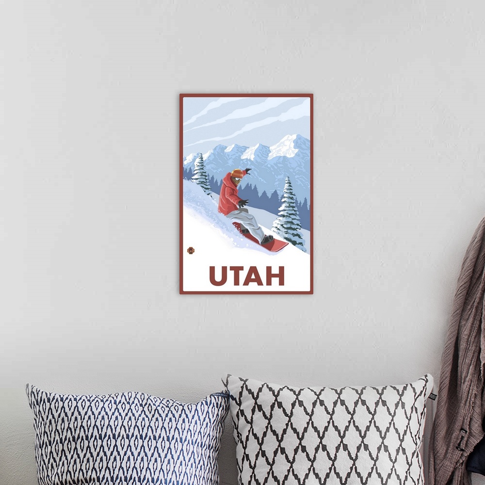 A bohemian room featuring Snowboarder Scene - Utah: Retro Travel Poster