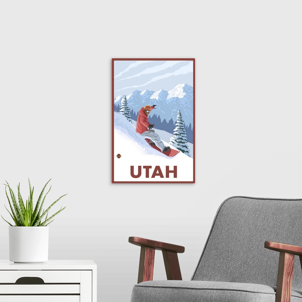 A modern room featuring Snowboarder Scene - Utah: Retro Travel Poster