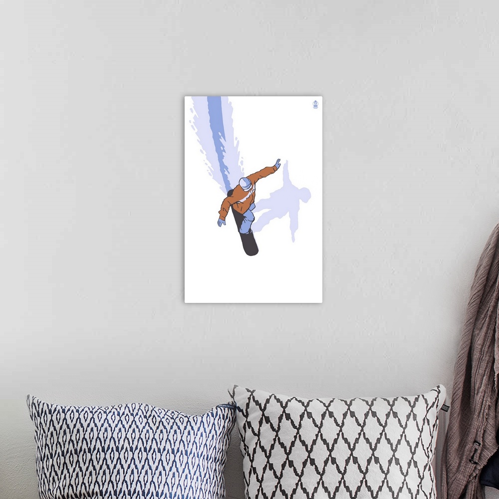 A bohemian room featuring Retro stylized art poster of an aerial view of a snowboarder.