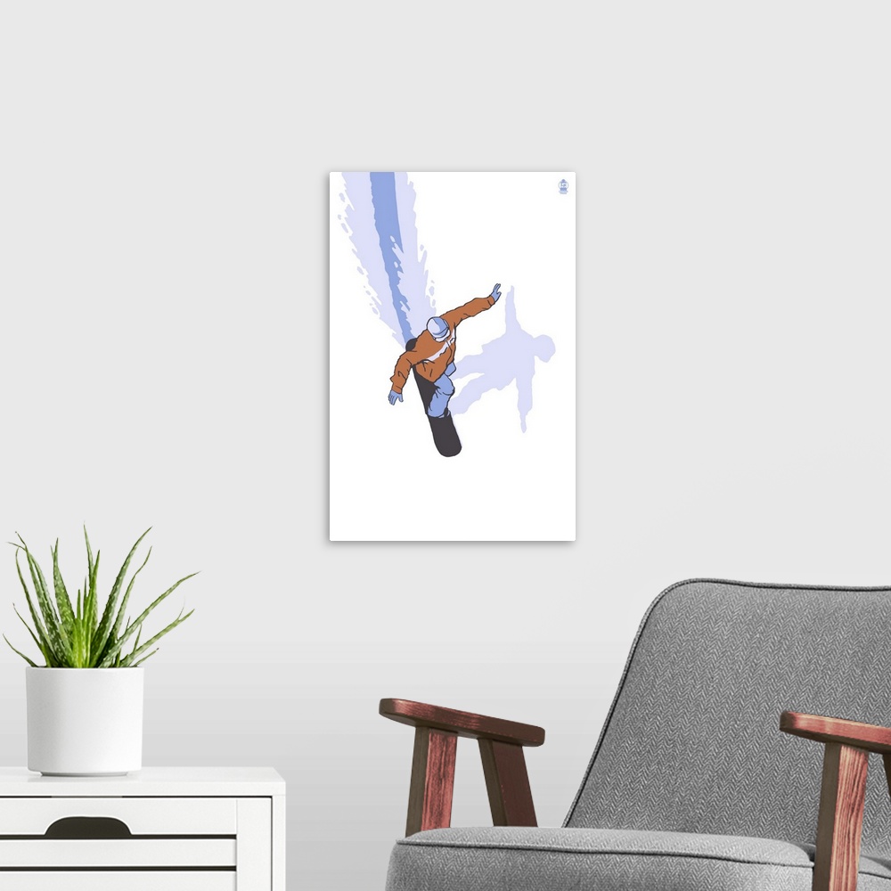 A modern room featuring Retro stylized art poster of an aerial view of a snowboarder.