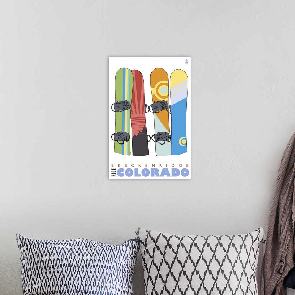 A bohemian room featuring Snowboards in Snow - Breckenridge, Colorado: Retro Travel Poster