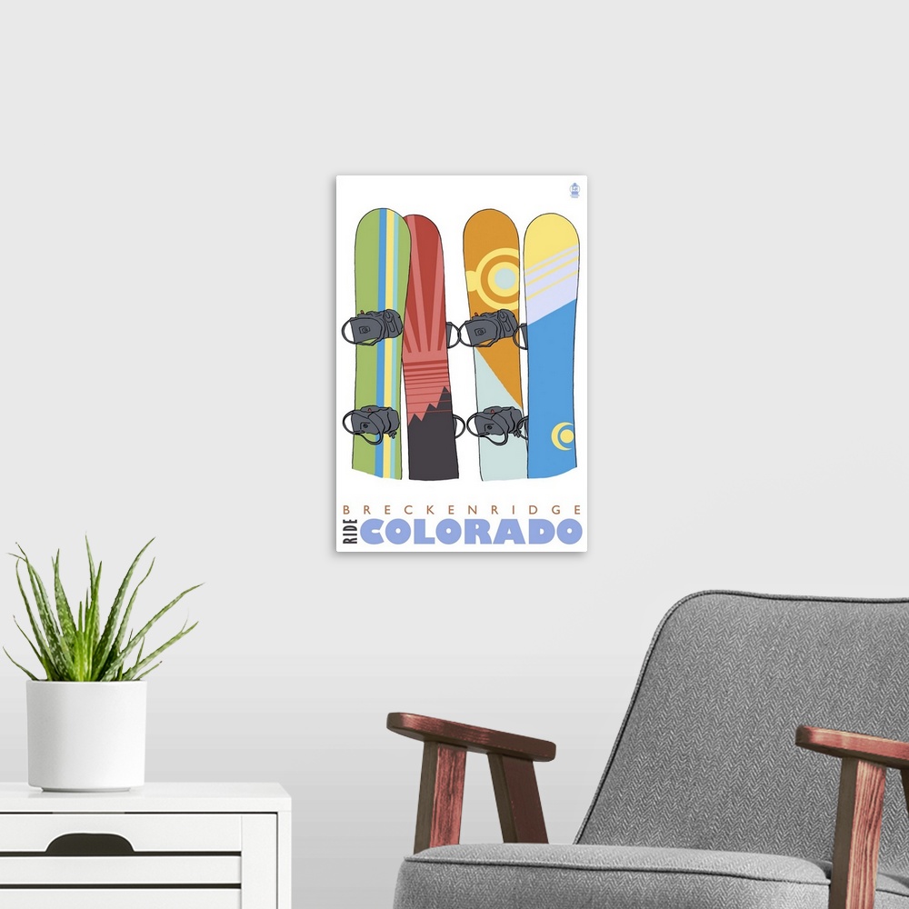 A modern room featuring Snowboards in Snow - Breckenridge, Colorado: Retro Travel Poster