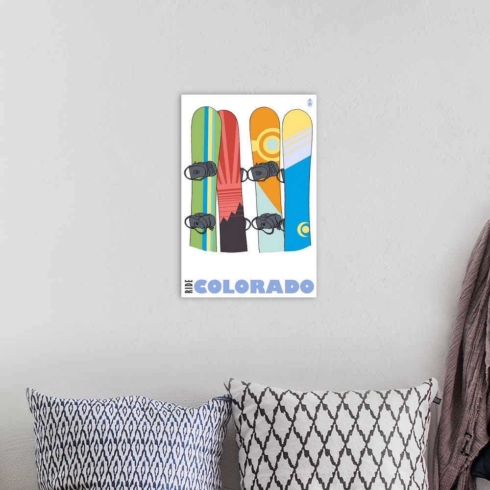 A bohemian room featuring Snowboards in Snow - Colorado: Retro Travel Poster