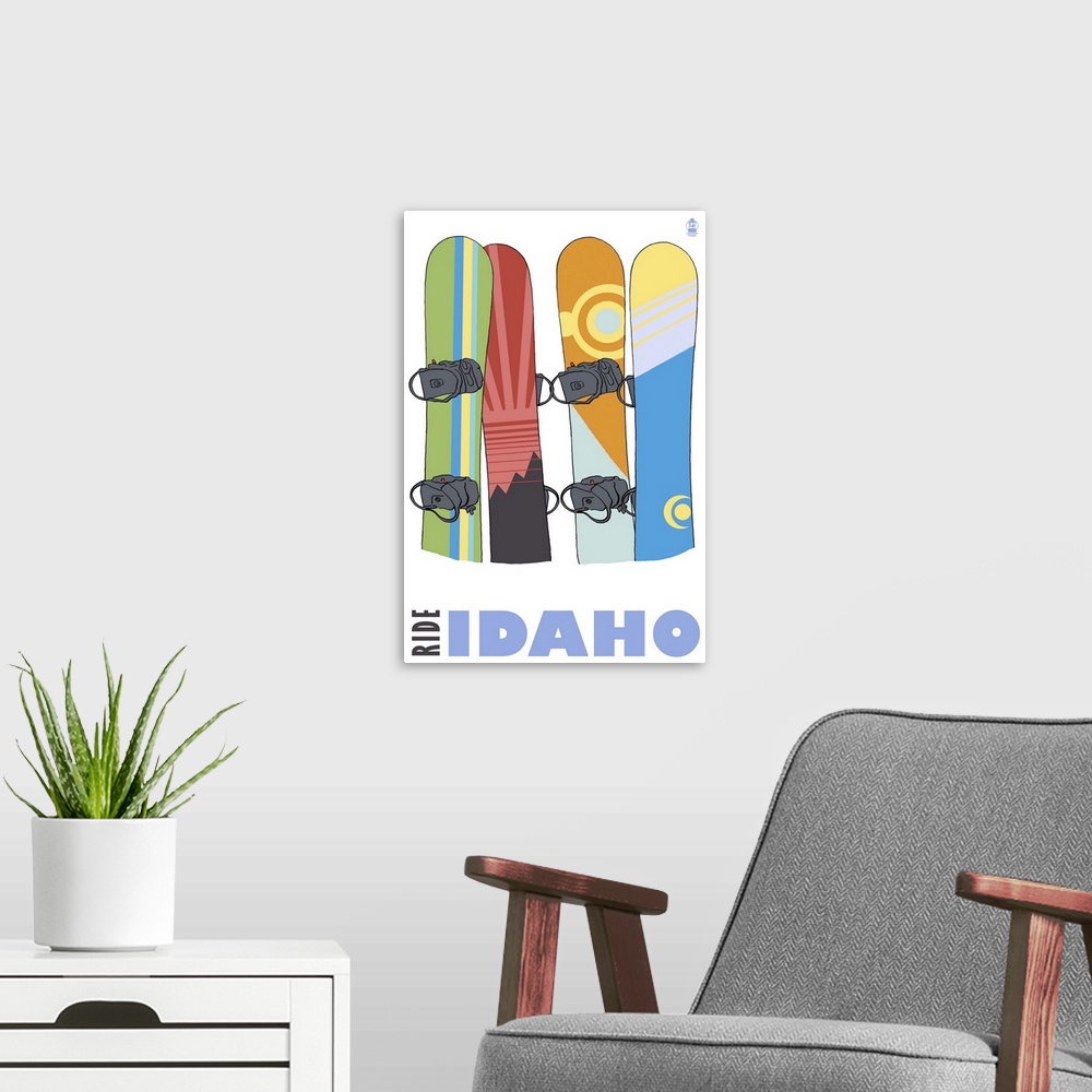 A modern room featuring Snowboards in Snow - Idaho: Retro Travel Poster
