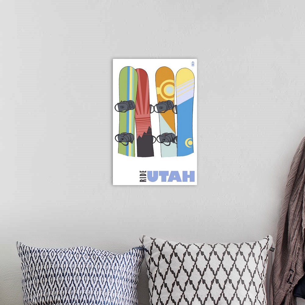 A bohemian room featuring Snowboards in Snow - Utah: Retro Travel Poster