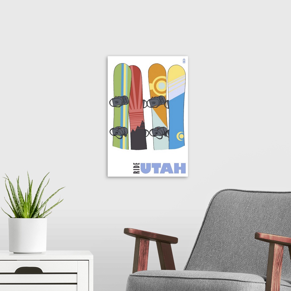 A modern room featuring Snowboards in Snow - Utah: Retro Travel Poster