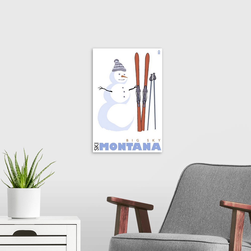 A modern room featuring Snowman with Skis - Big Sky, Montana: Retro Travel Poster