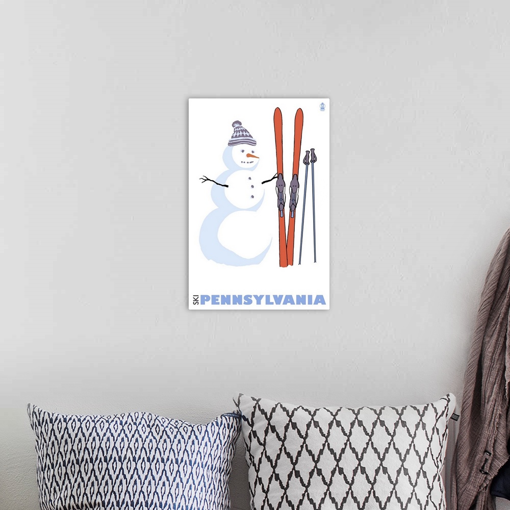 A bohemian room featuring Snowman with Skis - Pennslyvania: Retro Travel Poster