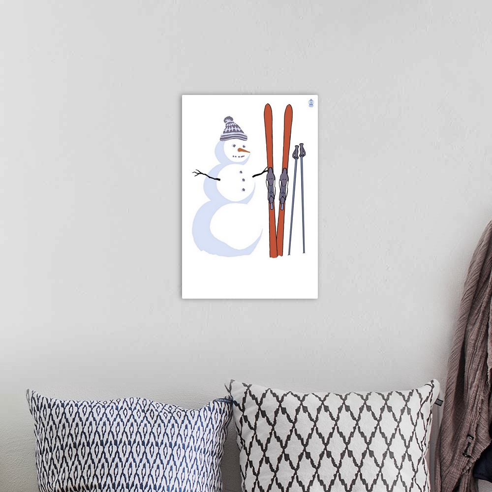 A bohemian room featuring Retro stylized art poster of a snowman standing beside a pair of skies.