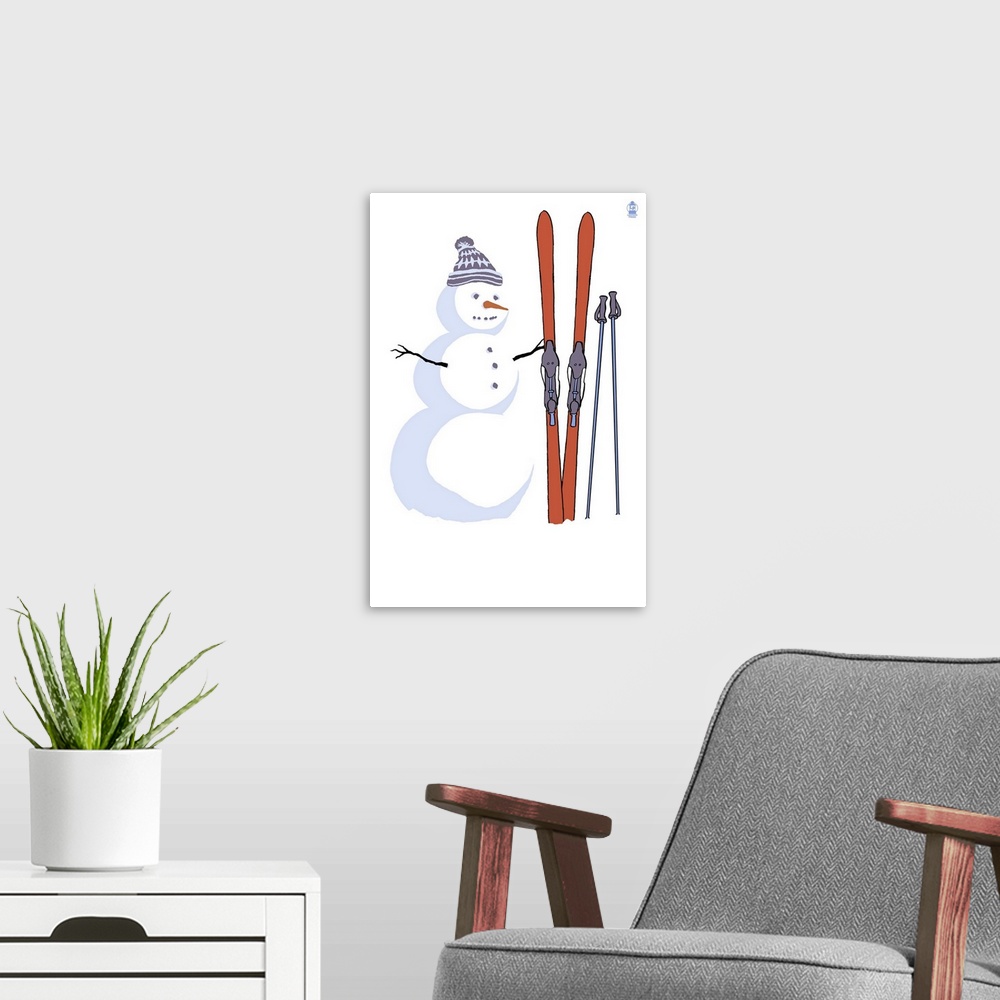 A modern room featuring Retro stylized art poster of a snowman standing beside a pair of skies.