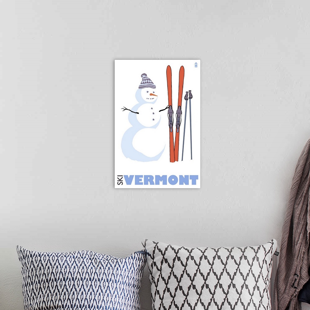 A bohemian room featuring Snowman with Skis - Vermont: Retro Travel Poster