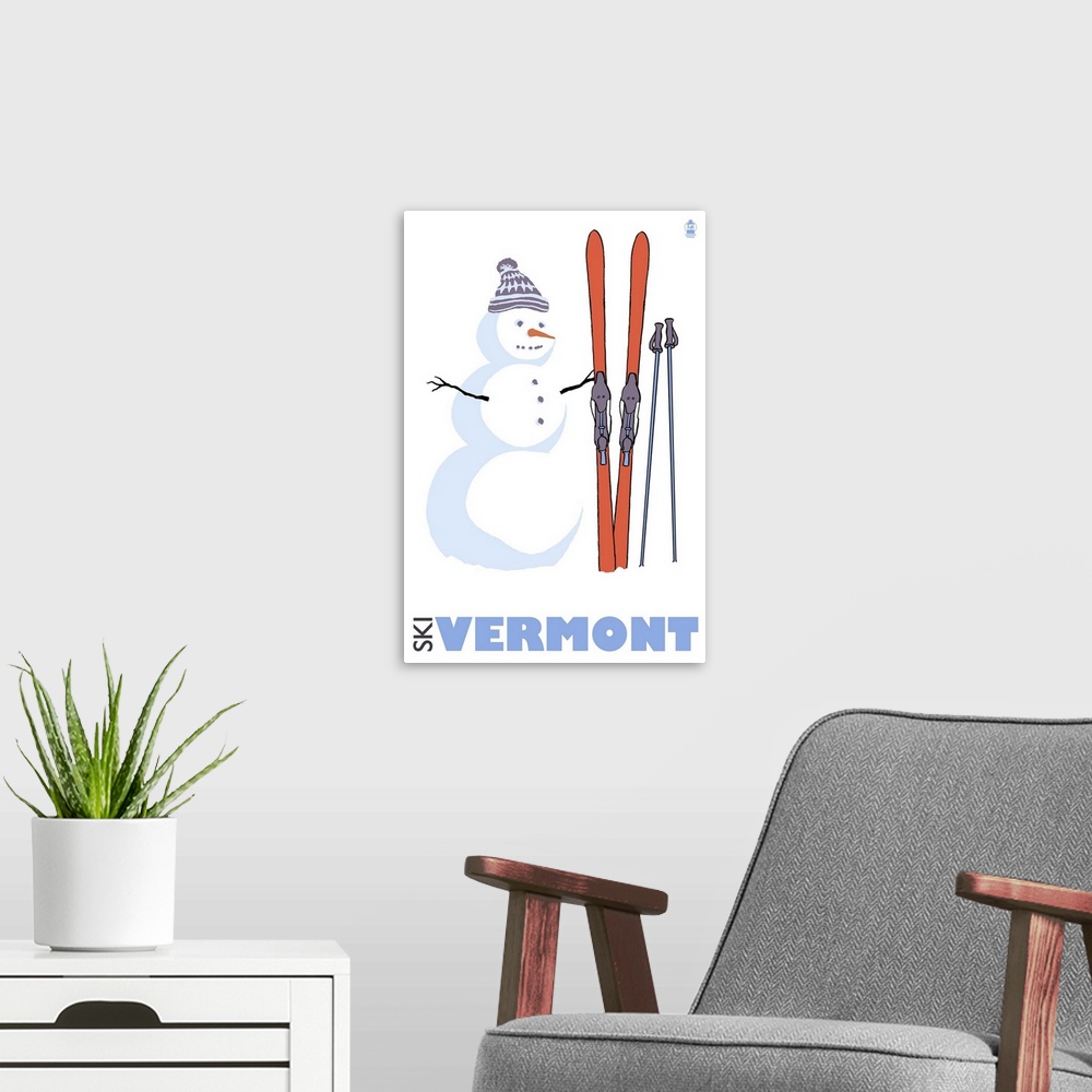 A modern room featuring Snowman with Skis - Vermont: Retro Travel Poster