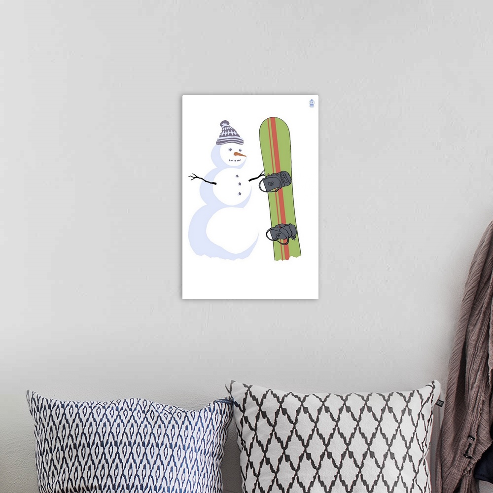 A bohemian room featuring Retro stylized art poster of a snowman standing beside a snowboard.