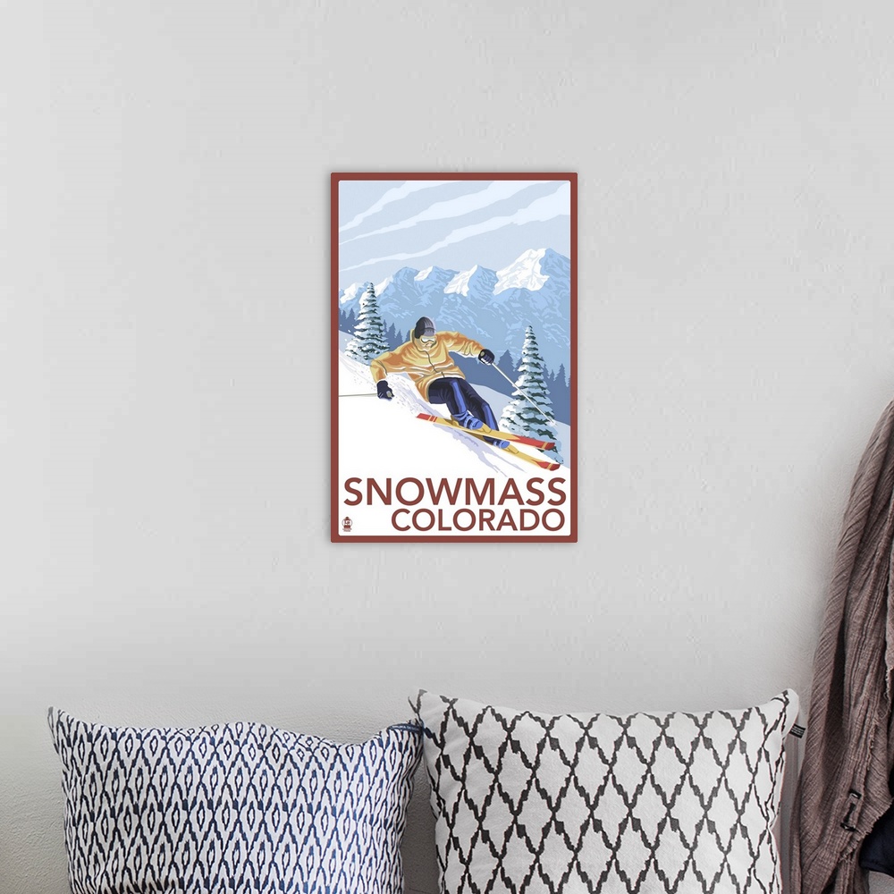 A bohemian room featuring Snowmass, Colorado - Downhill Skier: Retro Travel Poster