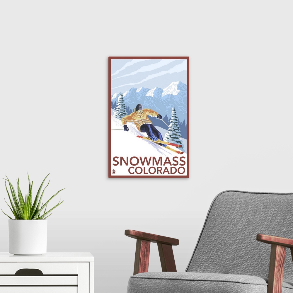 A modern room featuring Snowmass, Colorado - Downhill Skier: Retro Travel Poster