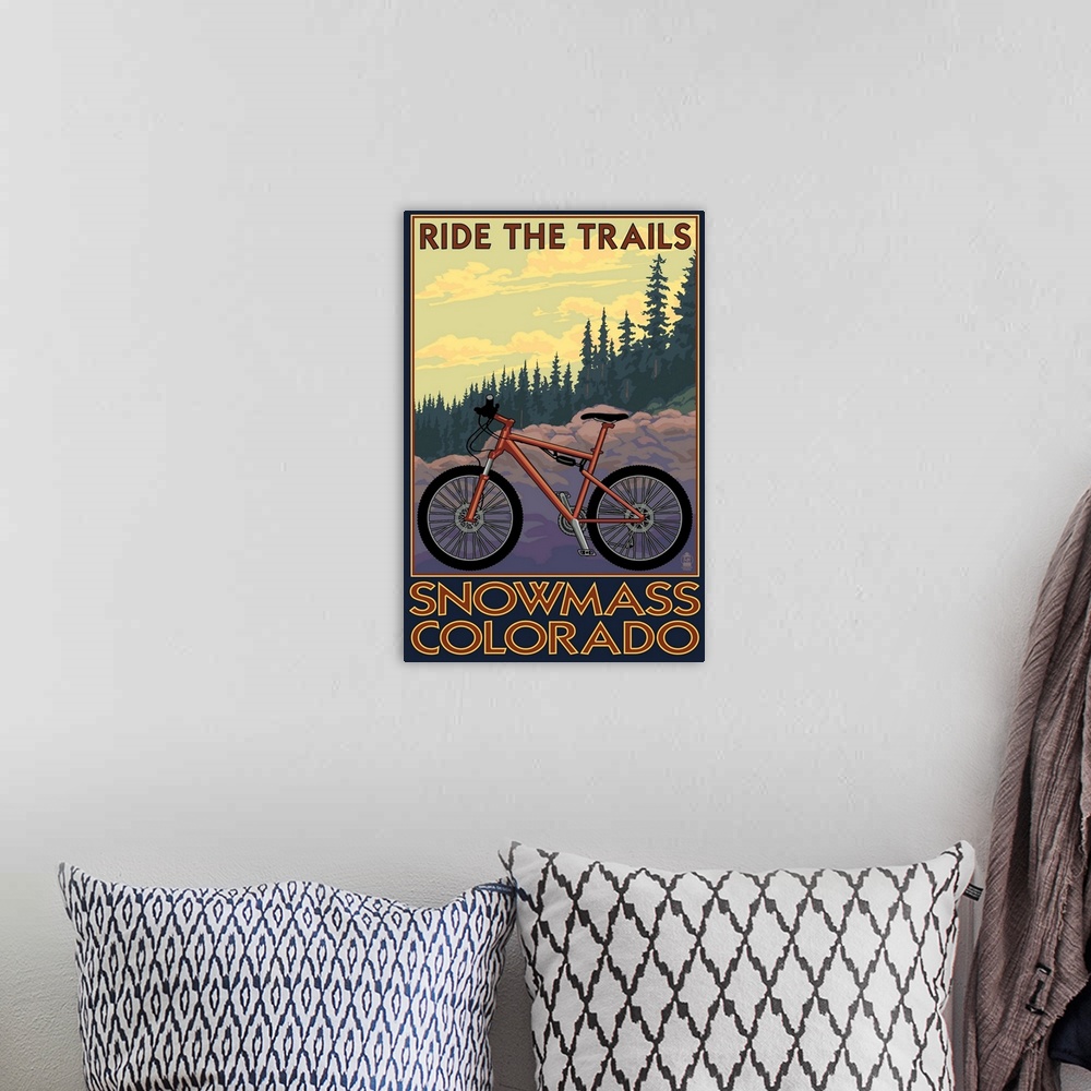 A bohemian room featuring Snowmass, Colorado - Mountain Bike: Retro Travel Poster