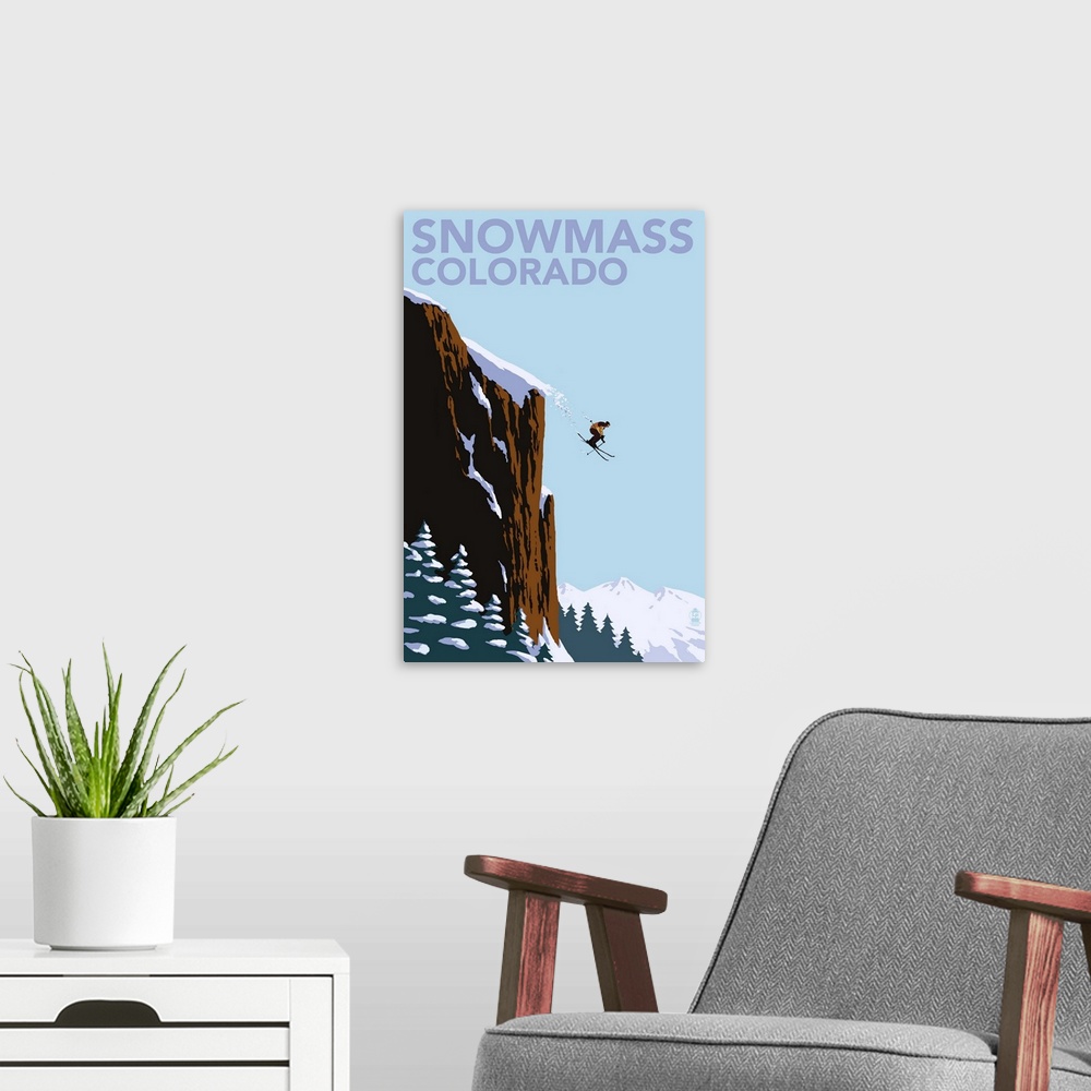 A modern room featuring Snowmass, Colorado - Skier Jumping: Retro Travel Poster