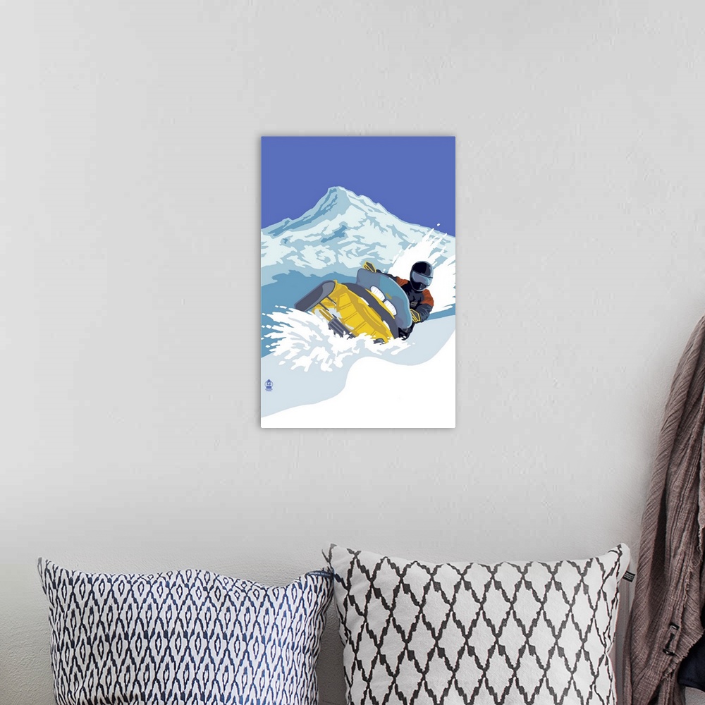 A bohemian room featuring Retro stylized art poster of a person on a snowmobile, kicking up fresh snow.