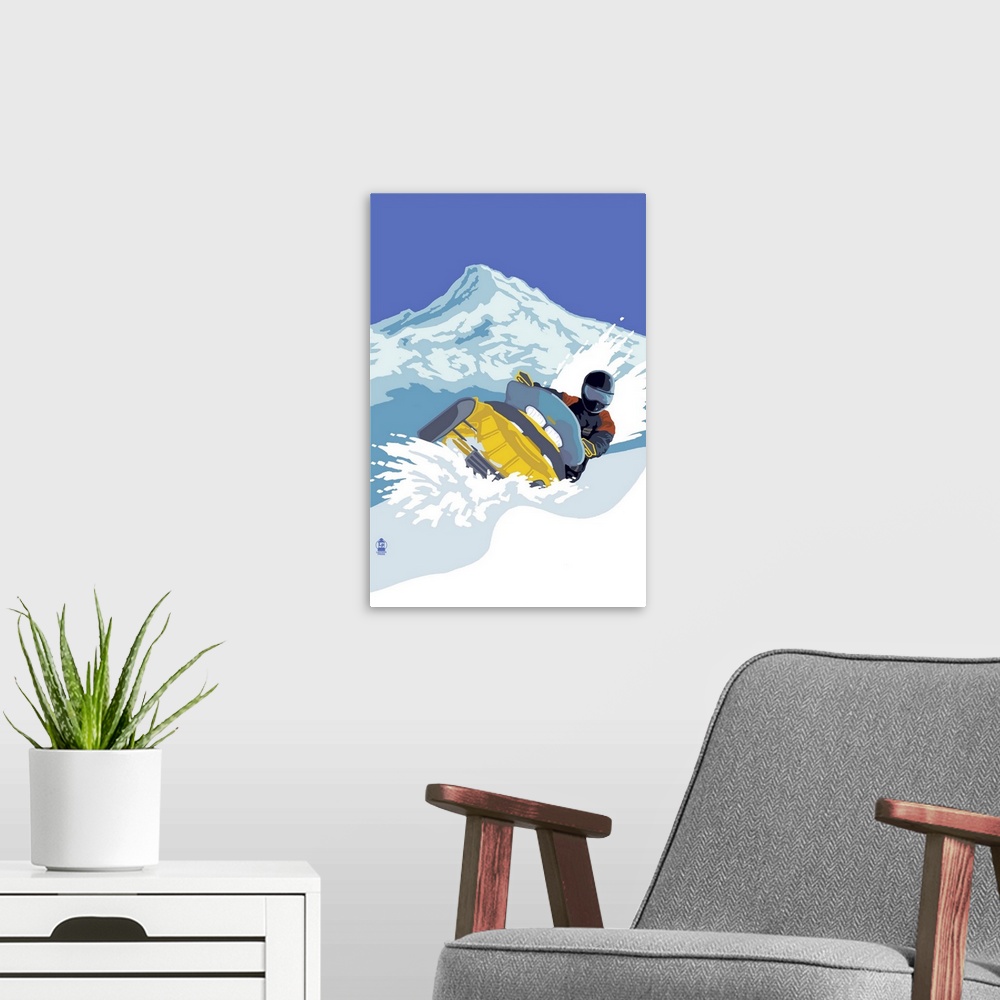 A modern room featuring Retro stylized art poster of a person on a snowmobile, kicking up fresh snow.
