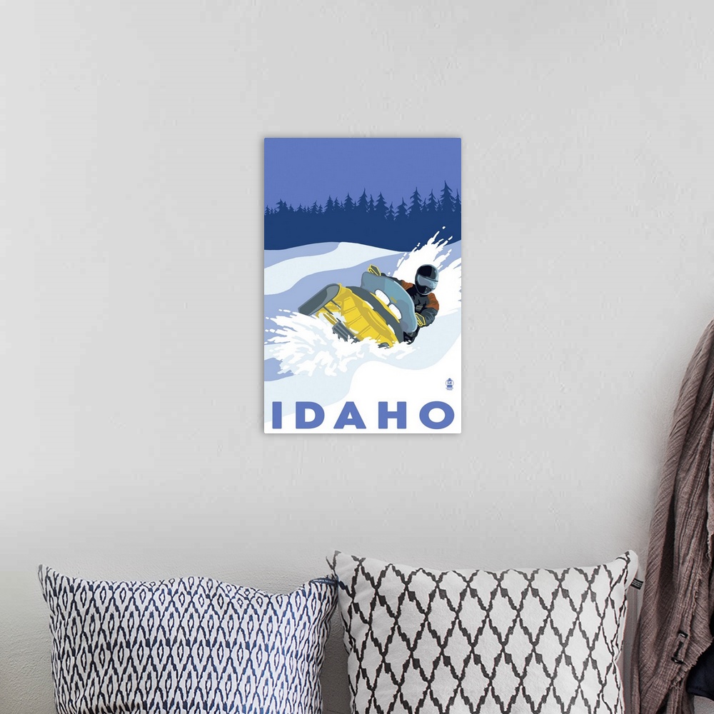 A bohemian room featuring Snowmobile Scene - Idaho: Retro Travel Poster