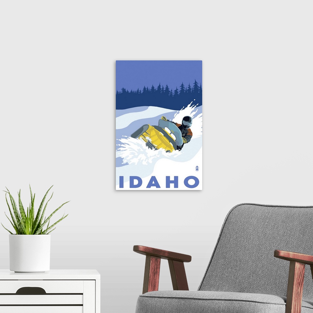 A modern room featuring Snowmobile Scene - Idaho: Retro Travel Poster