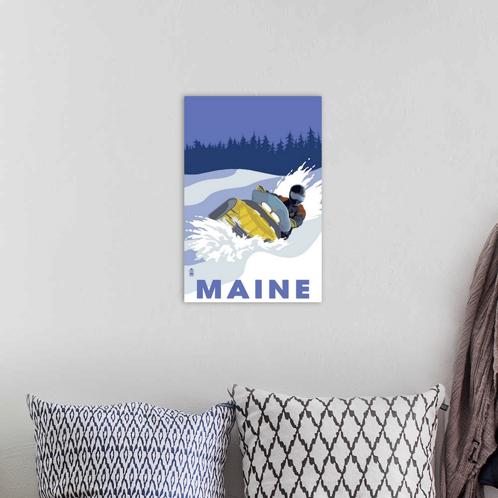 A bohemian room featuring Snowmobile Scene - Maine: Retro Travel Poster