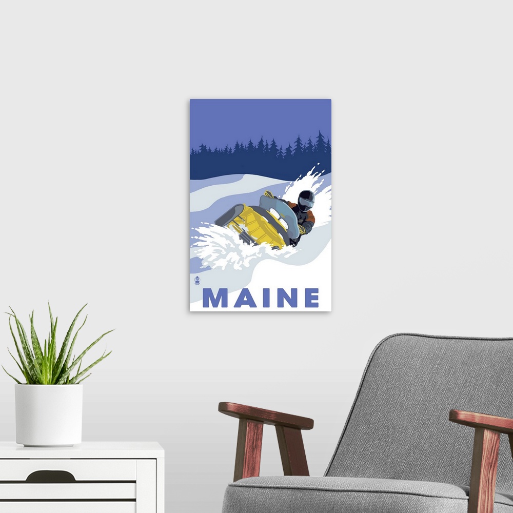 A modern room featuring Snowmobile Scene - Maine: Retro Travel Poster
