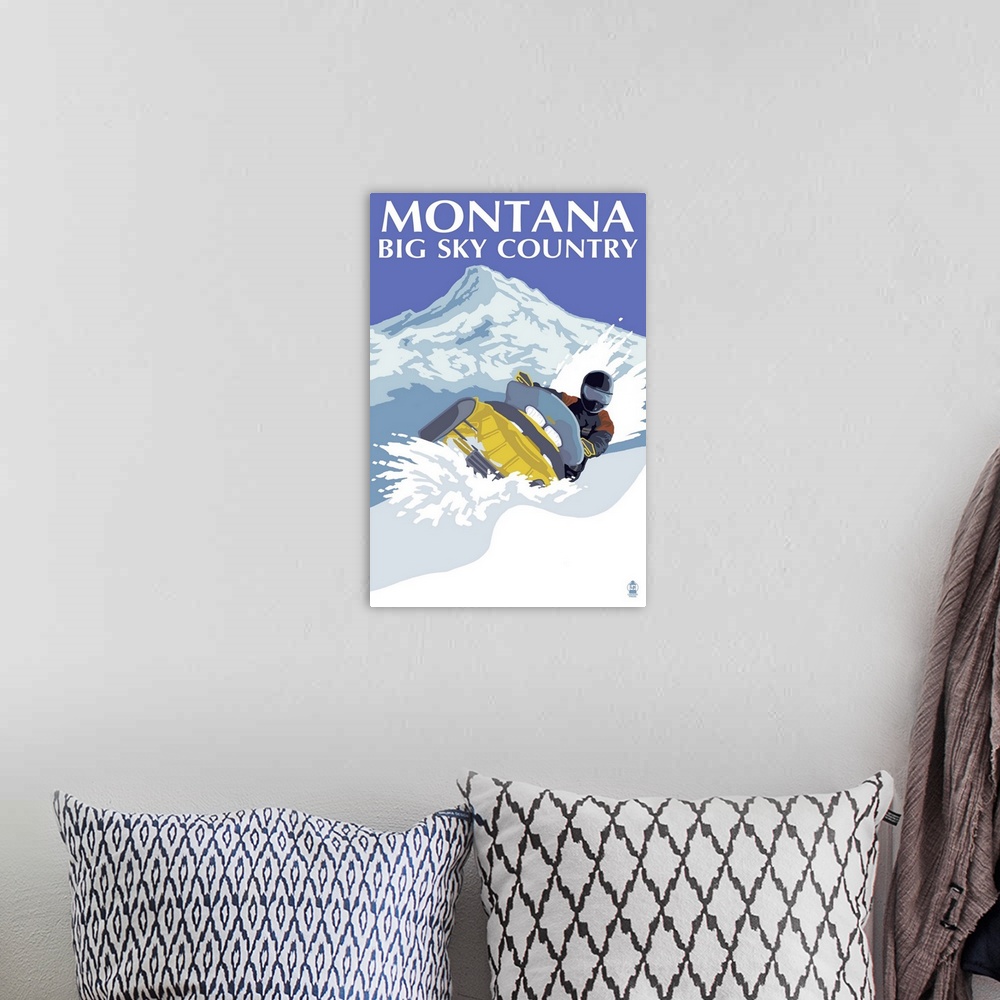 A bohemian room featuring Snowmobile Scene - Montana Big Sky: Retro Travel Poster