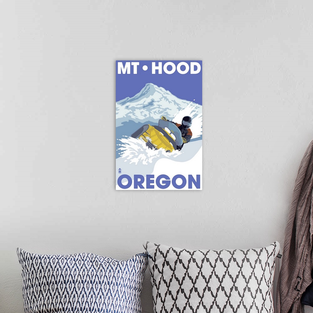A bohemian room featuring Snowmobile Scene - Mt. Hood, Oregon: Retro Travel Poster