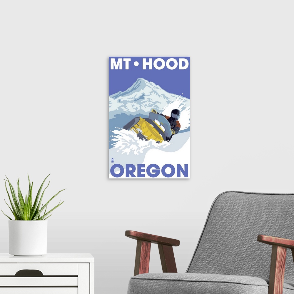A modern room featuring Snowmobile Scene - Mt. Hood, Oregon: Retro Travel Poster